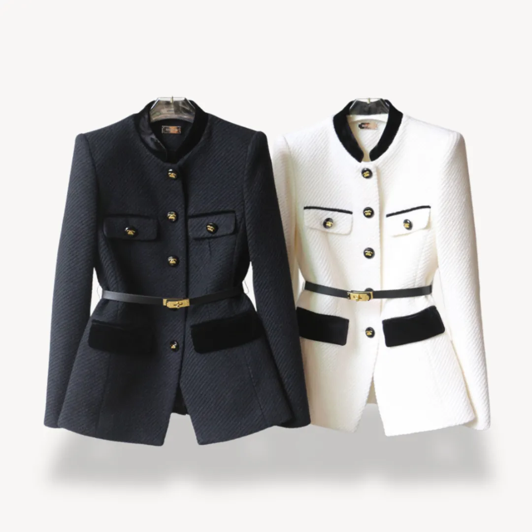 Women's Structured Blazer – Two-Tone Trim – Pocket Detail – Elegant Formalwear – Belted Design