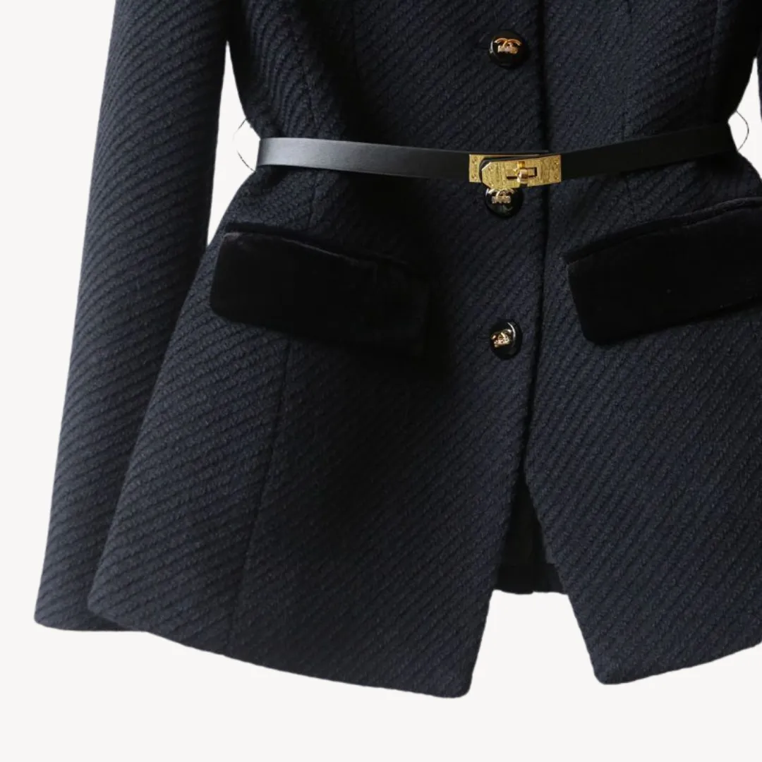 Women's Structured Blazer – Two-Tone Trim – Pocket Detail – Elegant Formalwear – Belted Design