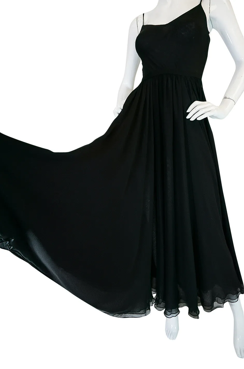 Wonderful c1974 Halston Black Bias Cut Silk Chiffon Dress