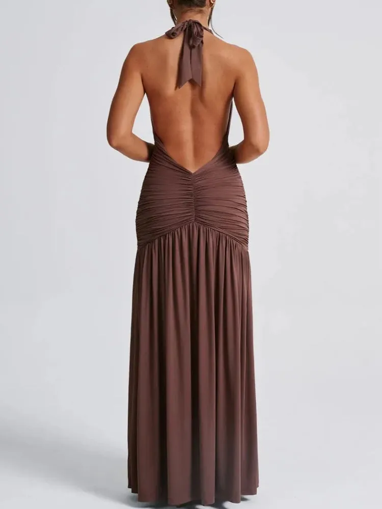 Y2K Ruched Slit Backless Maxi Dress