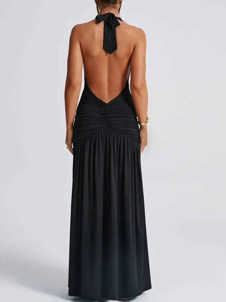 Y2K Ruched Slit Backless Maxi Dress