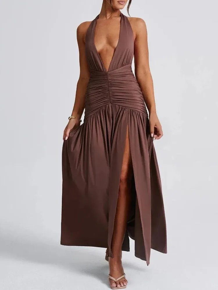 Y2K Ruched Slit Backless Maxi Dress