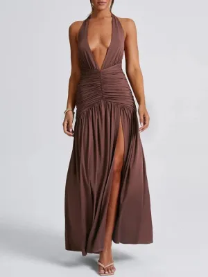 Y2K Ruched Slit Backless Maxi Dress